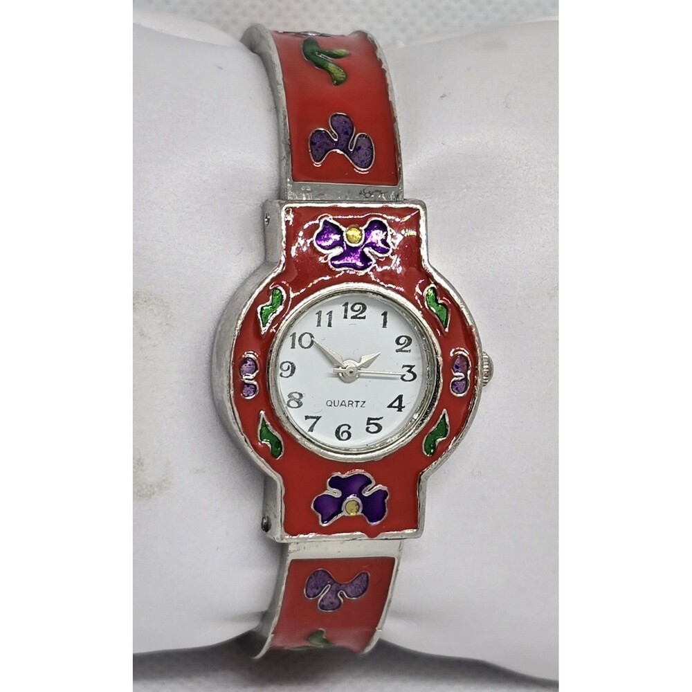 Women's Trendy Round Floral Red Silver Tone Cuff Bracelet Watch 13 - Picture 3 of 8